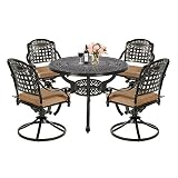 MEETWARM 5-Piece Outdoor Patio Dining Set, All-Weather Cast Aluminum Patio Conversation Set with 4 Cushions Swivel Rocker Chairs for Backyard Garden Deck and 38.5' Round Table, 2.2' Umbrella Hole