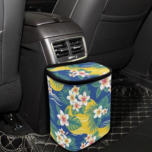 Image of Talayituse Plumeria Palm Leaf Print Car Trash Bin, Large Size Auto Trash Can Adjustable Portable Garbage Can with Lid, Vehicle Hanging Bag for Headrest Front Back Seat