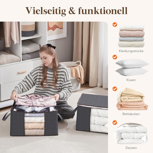 Lifewit 4 Stück Aufbewahrungstasche, Aufbewahrungsbox mit Deckel, Kleiderschrank Organizer Faltbare Kleideraufbewahrung Umzugskartons mit Verstärkt Griff für Bettdecken Kleidung Decke, Grau, 60L