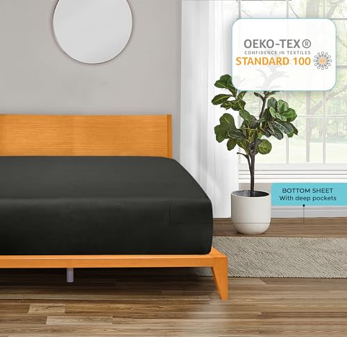 Image of ROYALE LINENS 300 Thread Count 100% Long Staple Combed Cotton Fitted Sheet Twin - Super Soft Deep Pocket Bottom Sheet - Fitted Sheets Only - Elastic Sheets (Twin, Black)