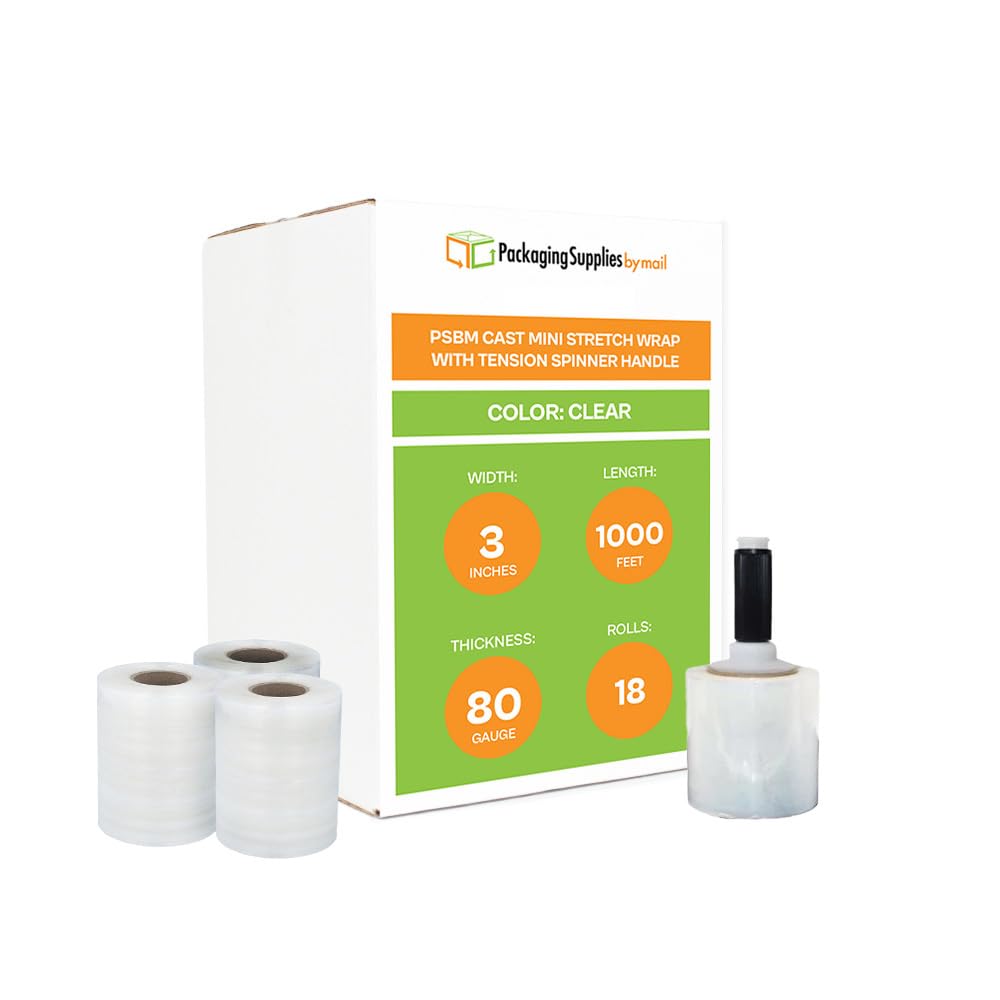 PSBM Mini Stretch Wrap with Grip Handle, 18 Pack, 3 Inch x 1000 Feet, 80 Gauge, Clear Small Plastic Cling Film for Pallets Moving Storing