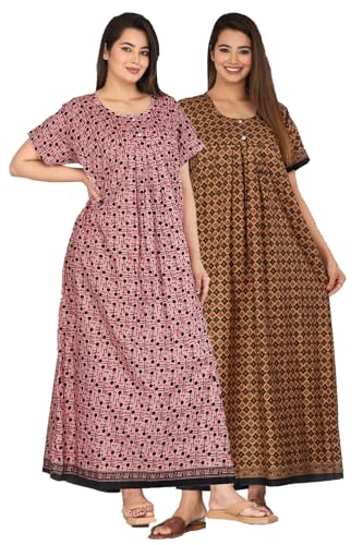 Image of Kuruti B Sheets Nighty for Women Cotton Combo (Pack of 2 Pcs) Nighty Gown Round Neck Short Sleeves Free Size