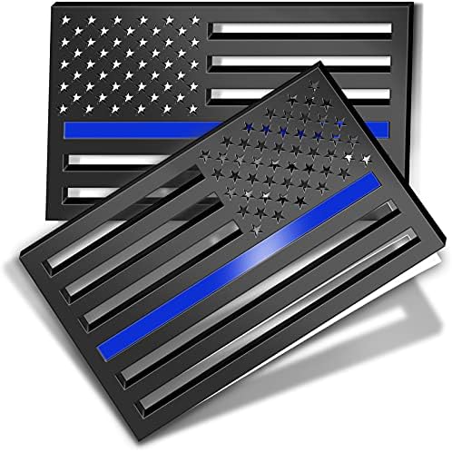1 Pair of Reflective 3D Thin Blue Line American Flag Emblem Car Decals 3"x5", 3mm Thickness Matte Black Subdued Police US Flag Bumper Stickers Support for Law Enforcement Officers