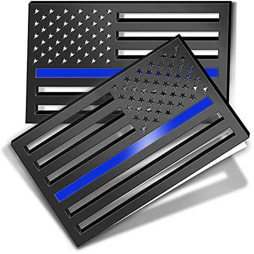 1 Pair Of Reflective 3D Thin Blue Line American Flag Emblem Car Decals 3"X5", 3Mm Thickness Matte Black Subdued Police Us Flag Bumper Stickers Support For Law Enforcement Officers #TOP1