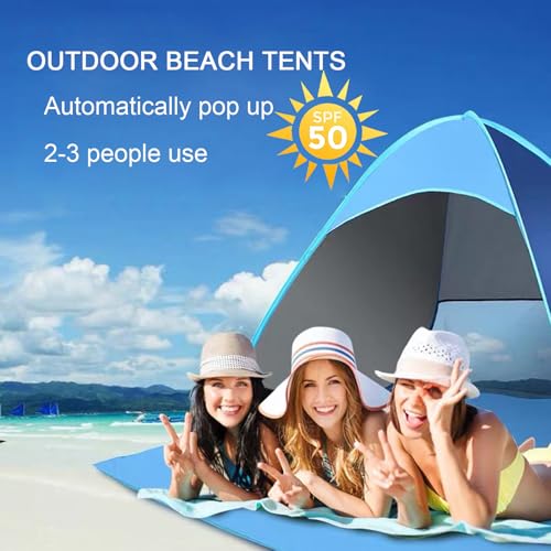 Image of Pop Up Beach Tent for 1-3 Person, Sun Shelters Portable Tent with Stakes, UPF 50+UV Protection Rating for Family Camping Fishing Picnic