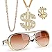 Kit de Hip Hop 2pcs Chaîne Plaqué Or avec Pendentif Signe Dollar Homme + 1 pcs Lunettes + 1pcs Bague Anneau Ensemble Costume de Rappeur des Années 80/90 Collier Rapper pour Unisexe Party Carnaval