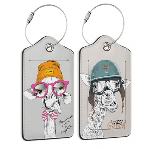 Funny Giraffe 2 Pack Luggage Tag for Suitcase, Cute Unique Leather Bag Tags Identifiers Privacy Cover ID Label with Durable Steel Loop for Women Men Kids Girls Travel
