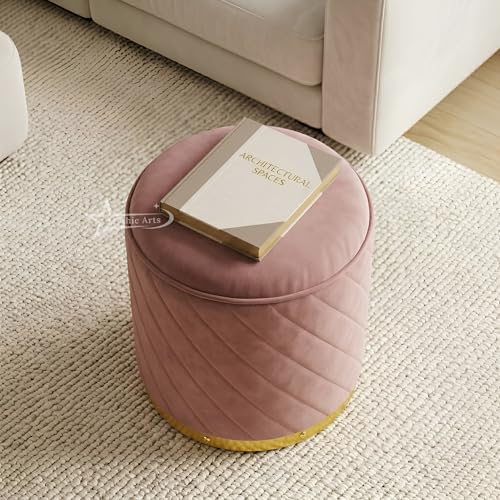 Image of Ottoman Stool, Puffy Stool, Sitting Stool, Modern Upholstered Round Ottoman, Dressing Table for Living-Pink
