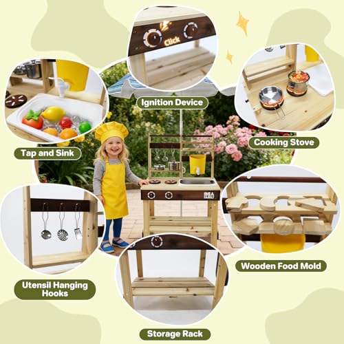 Image of Wooden Mud Kitchen, 7 in 1 Outdoor Pretend Play Kitchen with Umbrella,Removable Sink & Chalkboard, Cooking Accessories, Backyard Pretend Toy for Kids Aged 3-8