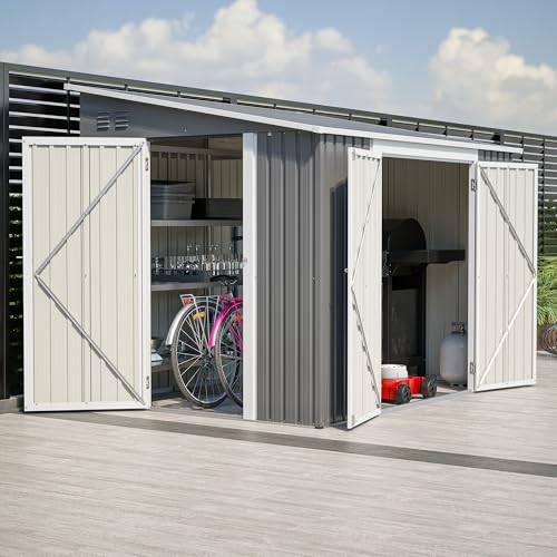Image of YOPTO 8x6 FT Lean to Outdoor Storage Shed W /Adjustable Lockable Double Side Doors,Metal Shed W /Floor Frame & 2 Air Vents,Garden Tool House W /Updated Frame Structure,for Backyard Patio Lawn,Gray