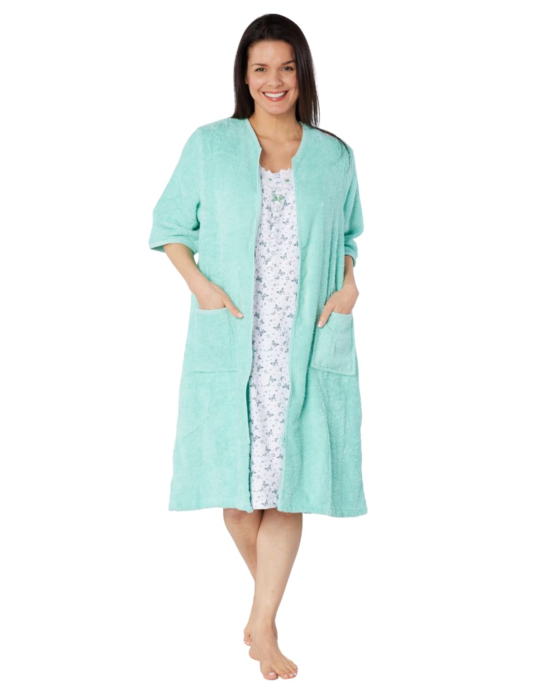 Suzy & Me Peignoir à manches 3/4 avec fermeture éclair 100 % coton pour femme | Manches 3/4, fermeture éclair, tissu éponge, 100 % coton