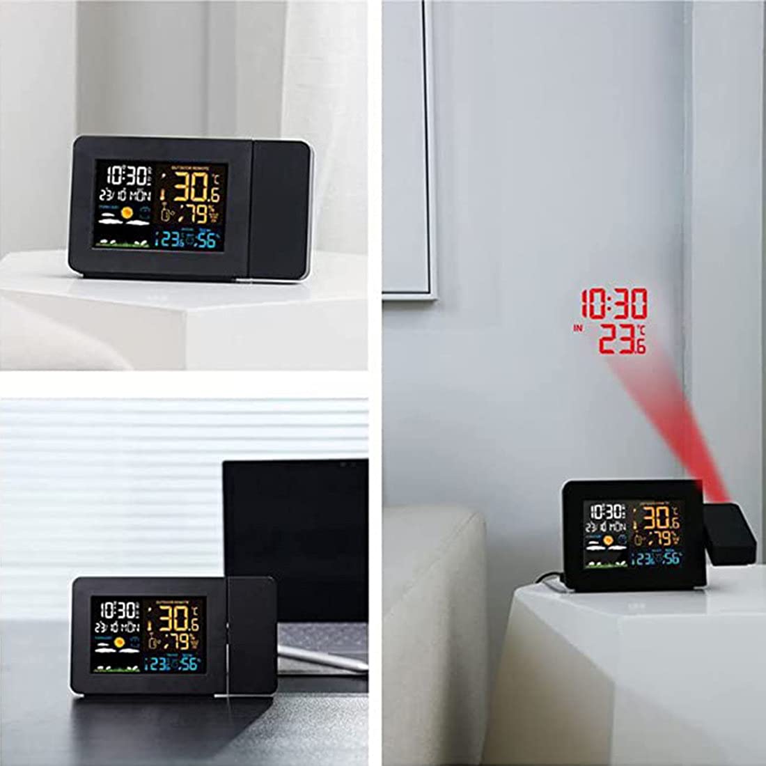 Sveglia Digitale da Comodino con Proiettore Radiosveglia Orologio Proiezione Soffitto Stazione Meteo con Sensore Esterno Doppia Sveglia,Luminosità Proiezione Regolabile,Funzione Snooze