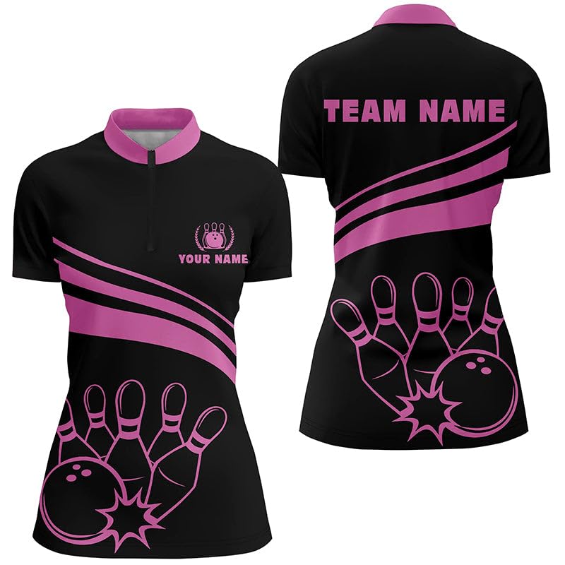 Schwarzes Männer & Frauen Bowling Trikot mit Polo & Viertelreißverschluss, Individuelles Team Jersey | Pink N6923
