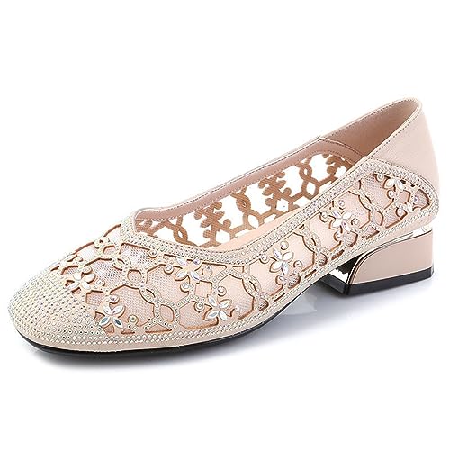 Women‘s Breathable Hollow Rhinestone Low Chunky Heel Pumps,Summer Closed Square Toe Backless for Wedding Work Evening Dress Shoes Soft Non-Slip Slip-On Classic Party Shoes with Glitter