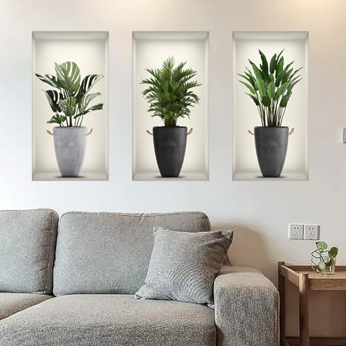 Traziewell Papel pintado con diseño de hojas de plantas y macetas verdes, calcomanías de pared de plantas tropicales en maceta, calcomanías de pared extraíbles de hojas de árbol, decoración para
