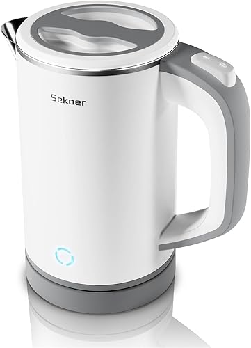 Sekaer Pequeña tetera eléctrica de acero inoxidable de 0.8 L, portátil, para viaje, hervidor de agua caliente, mini tetera eléctrica con apagado