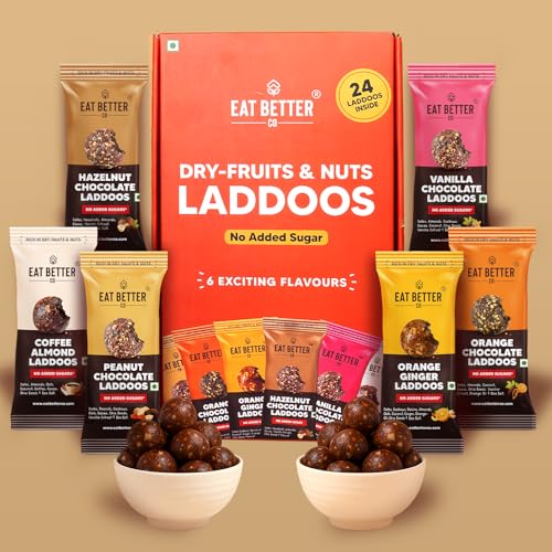 Image of EAT Better CO Assorted Laddoo Box-24 Laddoos in 6 Different Flavors|95% Dry Fruits|Sugar-Free|100% Natural|Energy Bar Replacement|High Protein & Instant Energy-Healthy Snacks, 240 Gram (Pack of 3)