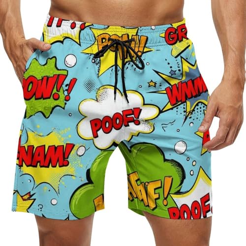 Beach Shorts for Men Comic Book Sound Effects Hawaiian Swim Board Shorts Mesh Lining Swimming Trunks Pocket L