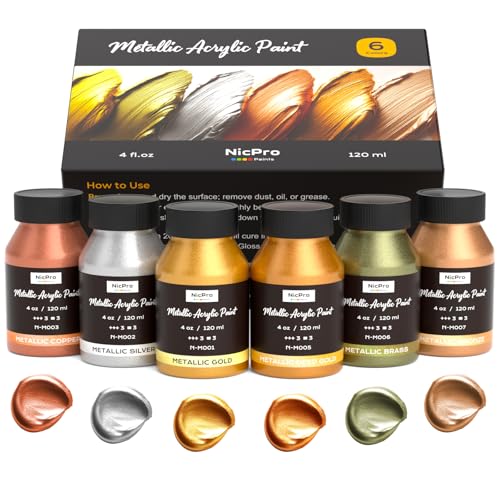 Nicpro Peintures Acryliques Métalliques 6 Couleur Métal X 120 ML, Brillantes Avec Séchage Rapide, Peinture Acrylique Brillante Métallique pour Meubles...