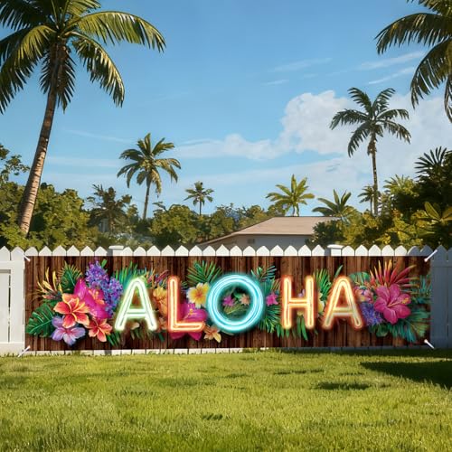 Image of Nuxovilar Aloha Banner Hawaiian Party Decorations 78.7x17.7 Inches | Luau Party Decorations, Tropical Sign, Island Photo Background, Porch Wall Decoration, Yard Lawn Home (Aloha Flower)