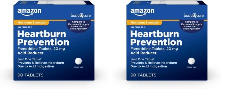 Amazon Basic CareMaximum Strength Famotidine Tablets, 90 Count, Heartburn Prevention (Pack of 2)