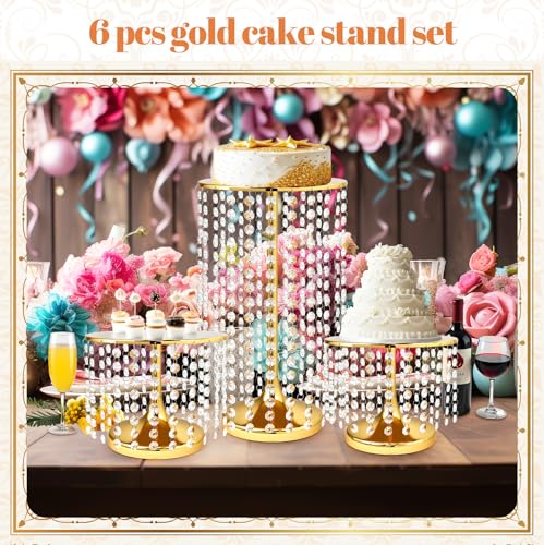 6 Pcs Gold Cake Stand Set with Crystal Pendant for Wedding, Elegant Pedestal Cake Stands for Dessert Table Display, Metal Cupcake Stand Includes Protective Film - Image 3