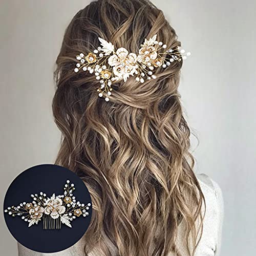 Bridal Hair Comb, Wekin Wedding Hair Comb Wedding Hair Accessories for Brides, Handmade Floral Hair Piece for Wedding(Gold 5.9")