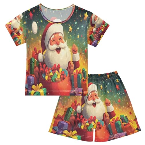 ALAZA Santa Claus Star Colored Merry Christmas Pajamas Set Short Sleeve Cotton Sleepwear Summer Pjs 2 Piece 5-14Y