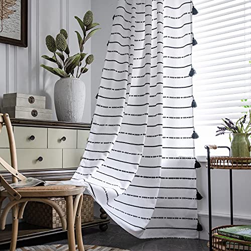 Image of ColorBird Geometric Striped Semi-Blackout Window Curtains for Living Room Boho Light-Filtering Curtains with Tassels Rod Pocket Drapes for Bedroom 2 Panels Set (52" W x 84" L, Black/White)