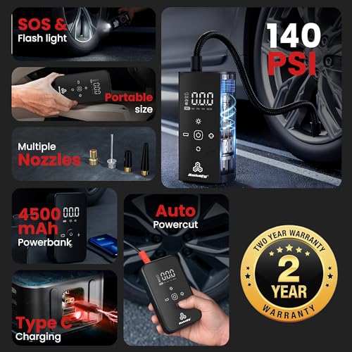 Image of Autofy AirBit 2 Years WARRANT'Y Dual Power Mode Battery & Corded [22mm Cylinder Most Heavy Duty] 140PSI Car Tyre Inflator Pump - 90W Copper Motor - 4500mAh Mobile Power Bank - 4 Mins Fast Inflation