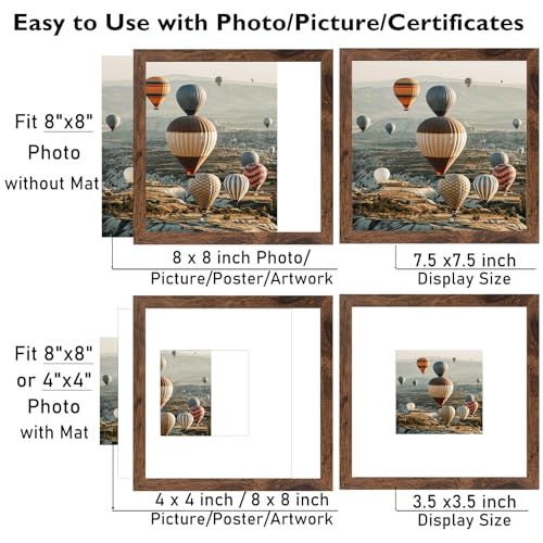 Image of JCJMY 8x8 Picture Frame with Mat, Display 4x4 with Mat or 8 x 8 without Mat, Wood Square 8 by 8 Photo Frames for Wall Hanging or Tabletop, 1 Pack, Deep Brown