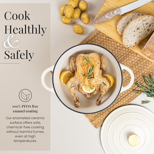 Image of Cast Iron Pot with Lid-Non-Stick Ovenproof Enamelled Casserole Pot, Oven Safe up to 500 F-Sturdy Dutch Oven Cookware - Cream, 5-Quart, 24cm-by Nuovva