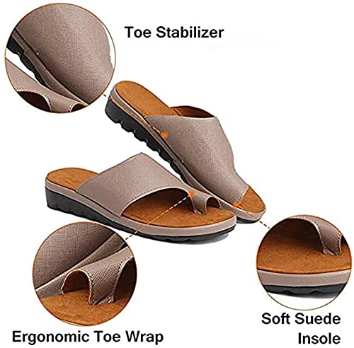 Sandals for Women Casual Summer Orthopedic Correction Leather Ring Toe Slippers Sandals Flat Heel Beach Women's Flip Flops,Brown,EU41/US93