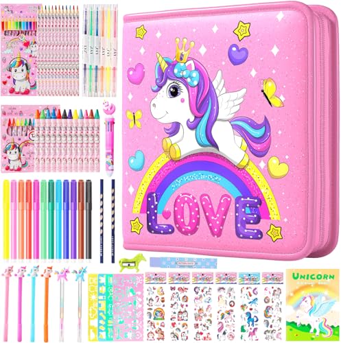 DANLCUPL Fruit Scented Markers Set 65 Pcs with Glitter Unicorn Pencil Case & Stationery, Art and Craft Coloring Supplies Birthday Gifts for Kids 4-12 Year Old (Unicorn Rainbow Pink)