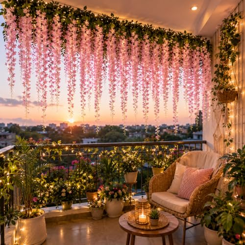 Image of Tia Crafts polyester Artificial Hanging Flowers for Ceiling Balcony|Baby Pink Wisteria Vine|Home Party Decor Garden Outdoor Greenery Wall Decoration|Waterproof Washable - 3.7ft Pack of 6 (Baby Pink,6)