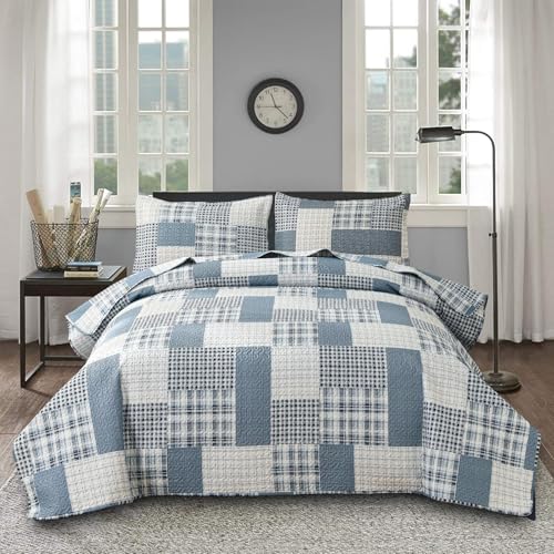 Ycosy King Size Plaid Quilts Blue White Stripes Bedspread Coverlets Reversible Lightweight Patchwork Bedding Set for Boys Bedroom Decorations Blanket Throw with 2 Pillow Shams.