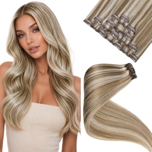 Image of LaaVoo Clip In Hair Extensions Real Human Hair, For Prom, 16 Inch 5Pcs 80g | Balanced Light Brown Blended Blonde Highlights Human Hair Clip In Extensions, Natural Luster, Ideal For Formal Outings