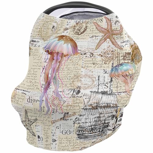 Nursing Cover for Breastfeeding Scarf, Summer Watercolor Starfish Jellyfish Baby Car Covers Super Soft Multi Use for Canopy Shopping Cart Cover Blanket Stroller Cover