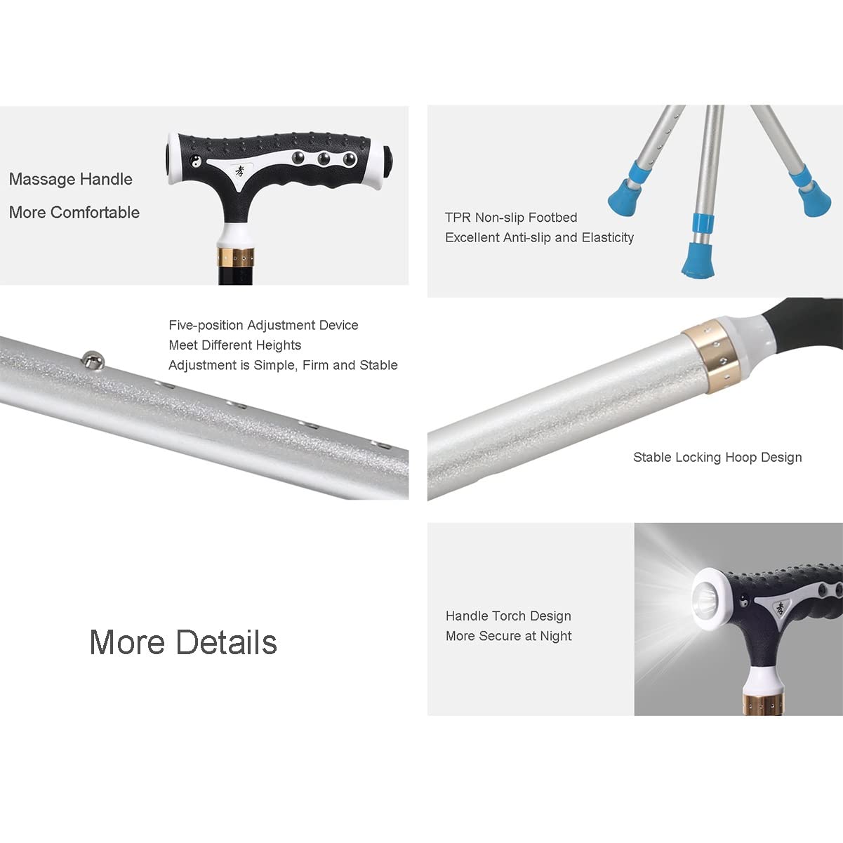 GX Asiento de bastón plegable, silla de muleta ajustable en altura con luz LED, asiento de bastón de aleación de aluminio antideslizante, para personas mayores, discapacitados al aire libre, de espera