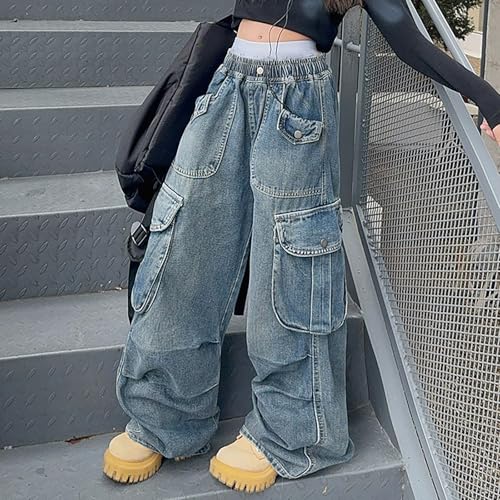Blue Cargo Jeans for Girls Elastic Waist Baggy Wide Leg Jeans with Pockets Kids Autumn Winter Denim Preppy2