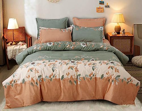 Image of Polycotton Double Bed Bedsheet, Flat Sheet with 2 Pillow Covers, Queen (90x100 inch), 300 TC, Green & Orange, Set of 3