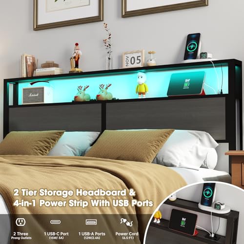 Image of RVONOW King Size Bed Frame with Headboard, Metal Platform Bed Frame with LED Lights & Charging Station, Under Bed Storage, Solid and Stable, No Box Spring Needed, Noise Free, Easy Assembly, Dark Grey