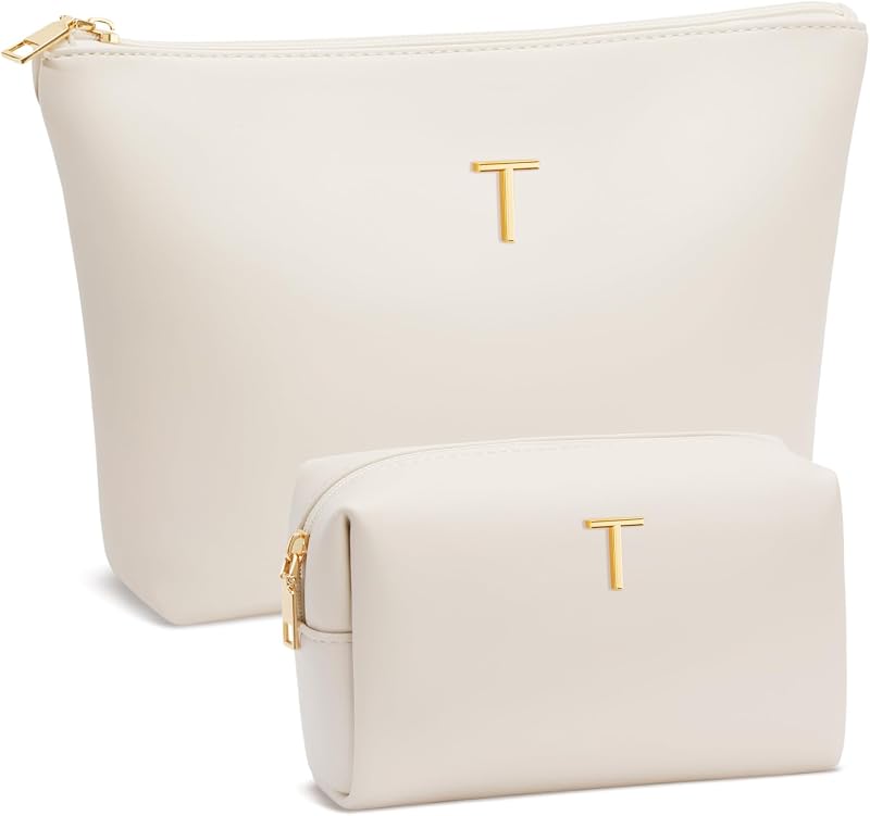 Necessaire de maquiagem CLOUDWINGS bege com inicial metálica, 25,4 x 7,62 x 17,78 cm
