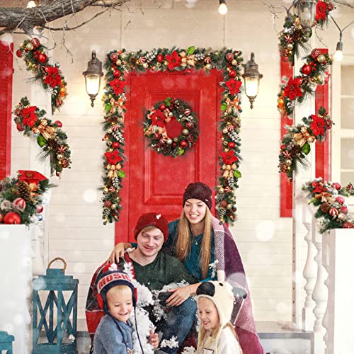 6ft Christmas Wreath with Lights, Christmas Battery Operated Artificial Vine with Classic Red Gold Decor, Pre-Lighted Christmas Wreath for Christmas Staircase Fireplace