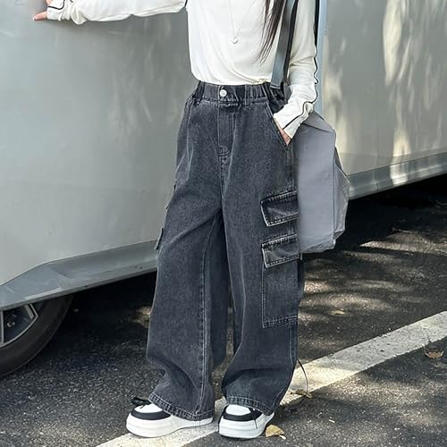 Girls Distressed Cargo Jeans Youth Baggy High Waist Wide Leg Denim Pants Trendy Streetwear Black Denim Trousers3