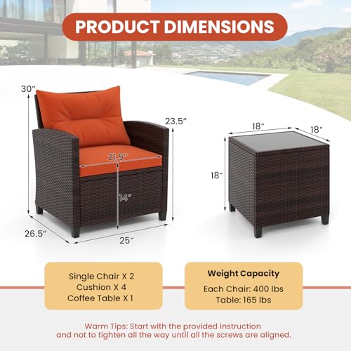 Image of Tangkula 3 Pieces Patio Furniture Set, PE Rattan Wicker 3 Pcs Outdoor Sofa Set w /Washable Cushion and Tempered Glass Tabletop, Conversation Furniture for Garden Poolside Balcony (Orange)