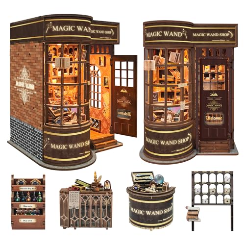 Magic Book Nook Kit met afstandsbediening toverstaf, 3D houten puzzel, poppenhuis miniatuur boekenkit creatieve boekensteun boekenplank decoratie voor volwassenen tieners - toverstaf winkel