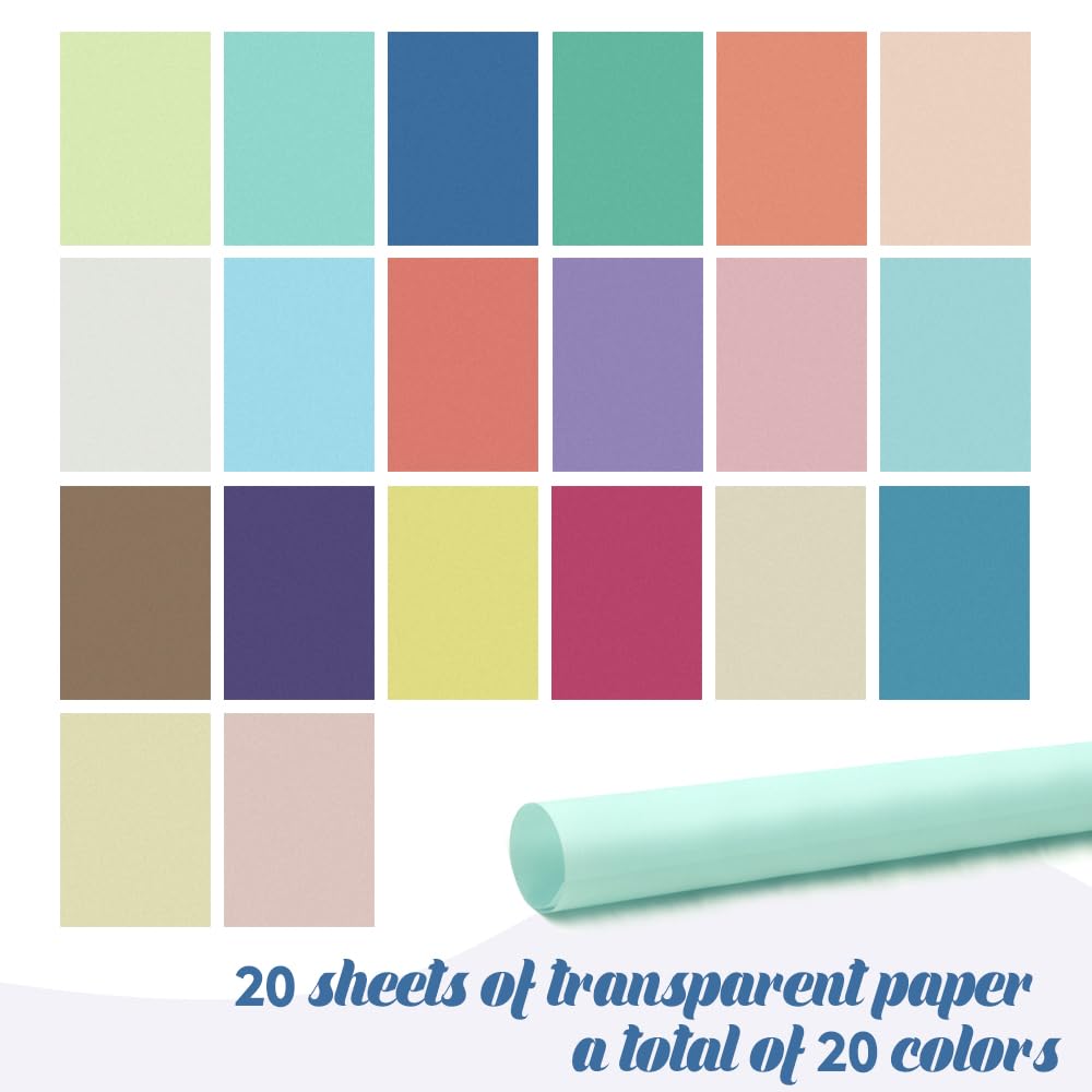 HMCEY 20 Feuilles Papier Transparent Couleur 29.7 X 21 cm,Cartonné A4 Papier Loisir Creatif,Papiers Calque Imprimable,Bricolage Papiers Calligraphie,Paper Transparency pour Scrapbooking-20 Couleurs