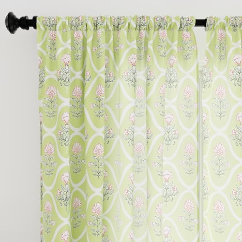 Image of Encasa XO Door Printed Sheer Curtains, Light Filtering Pea Green | 4.5ft to 10 ft | Lightweight Polyester Twill | Rod Pocket Styling | Machine Washable | Set of 2