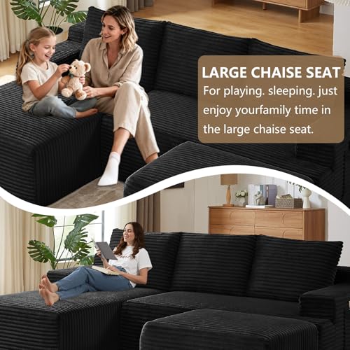 Image of 96 inch U-Shape Cloud Couch, Modern Modular Sectional L-Shape Sofa with Ottoman, Corduroy Upholstered Couches Deep Seat Sleeper Chaise Longue for Living Room, No Assembly Required(Black, Left Facing)